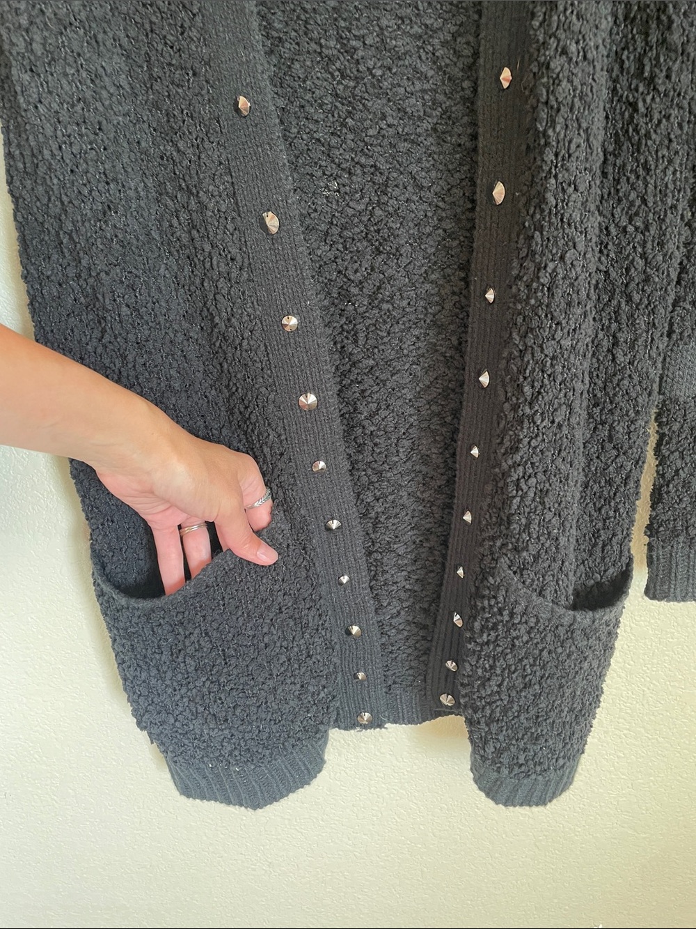 Foxiedox Black Studded Bouclé Open Cardigan Sweater M Goth Grunge Cozy Longline - Picture 7 of 10